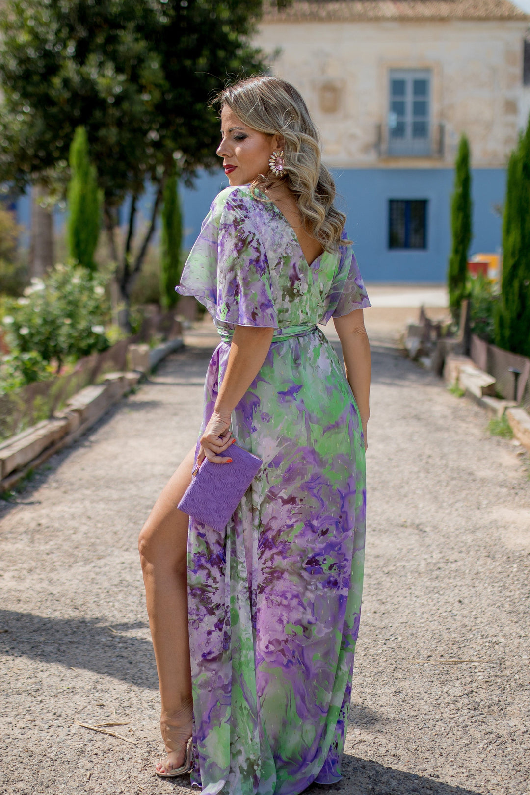 VESTIDO LARGO FLORES MANGAS RANGLÁN