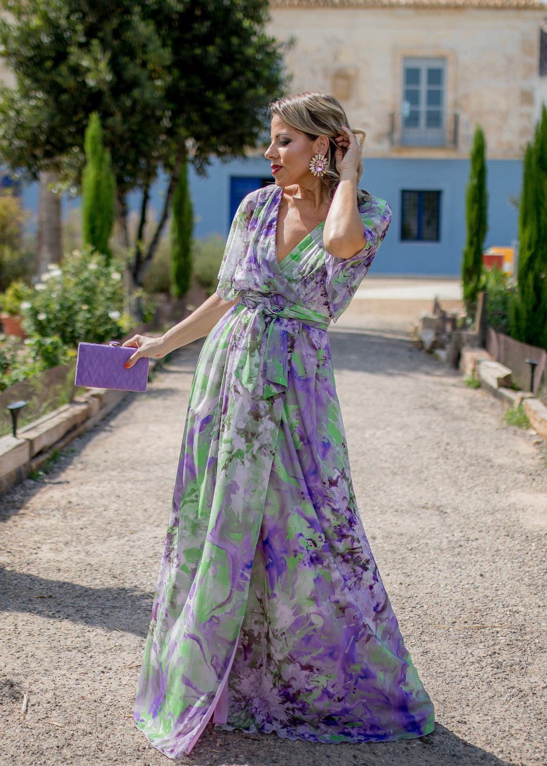 VESTIDO LARGO FLORES MANGAS RANGLÁN