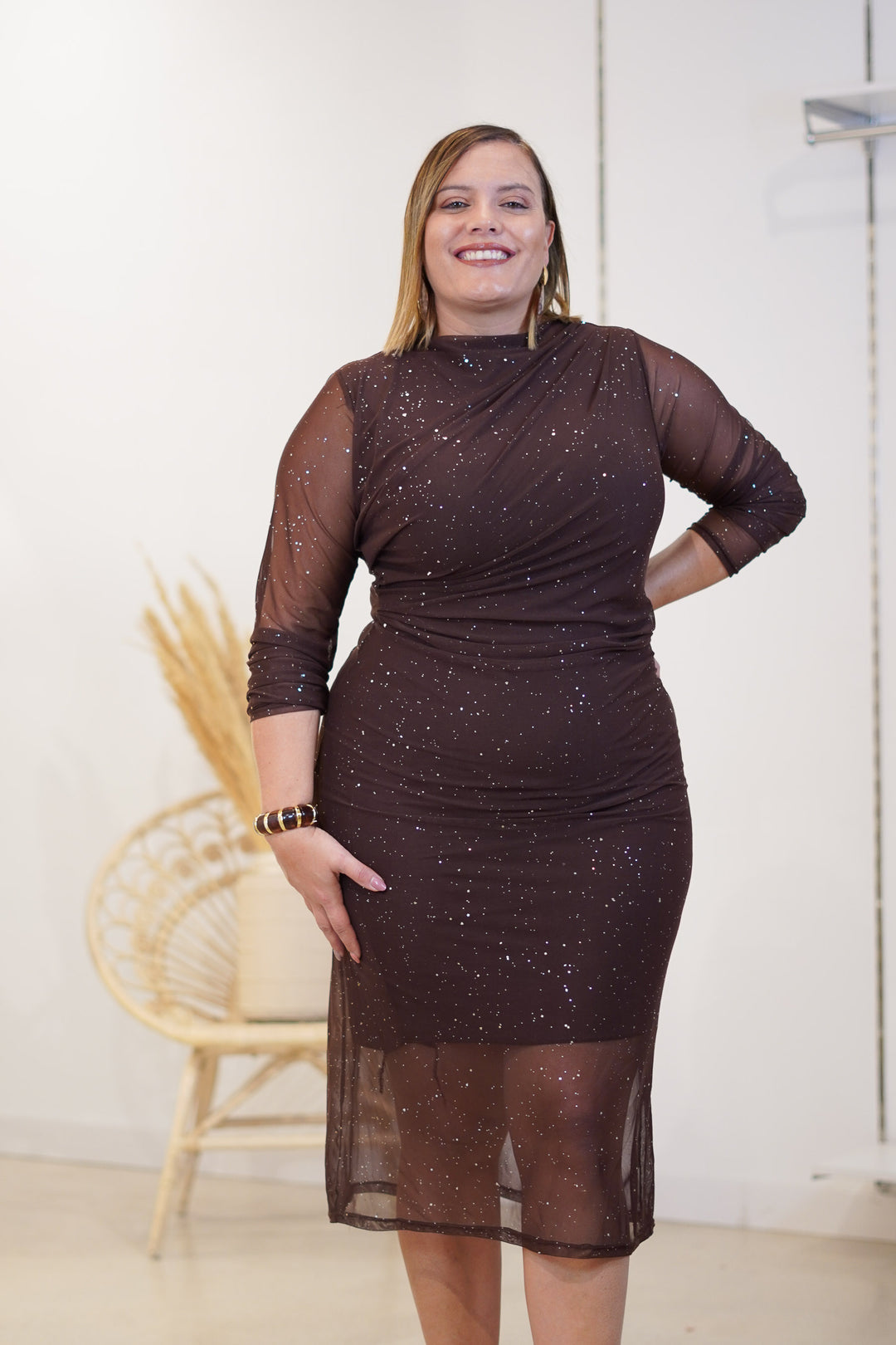 Vestido Glitter Manga Marron