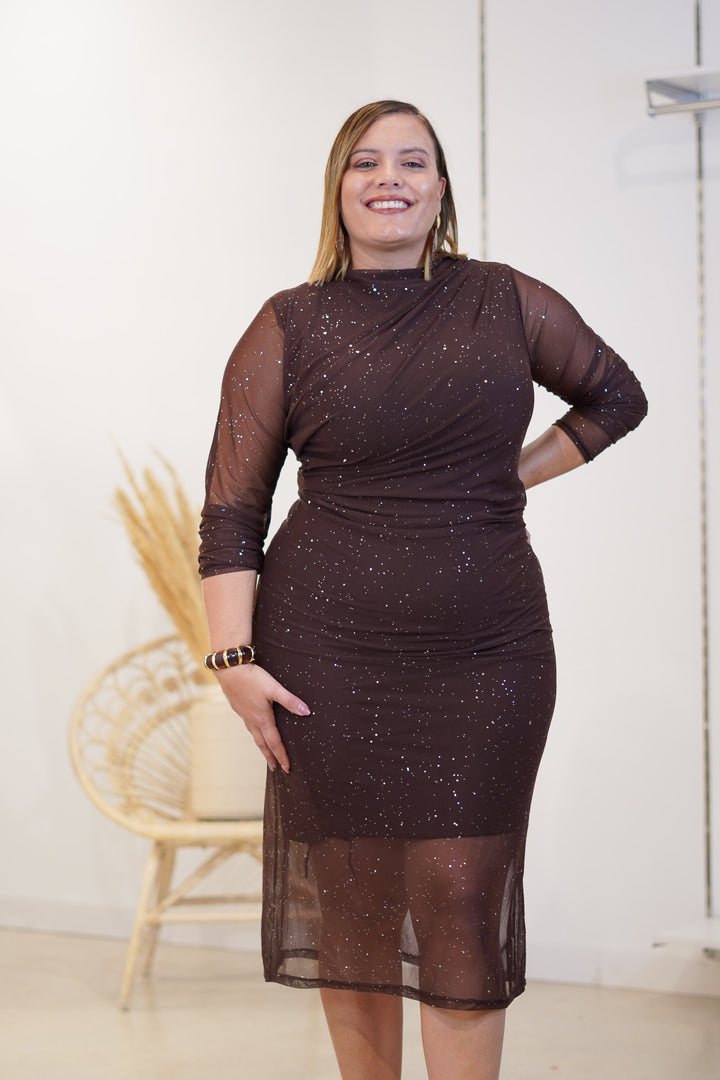 Vestido Glitter Manga Marron