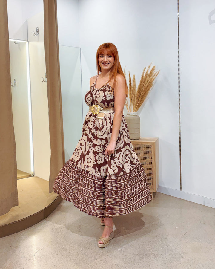 VESTIDO FLOR CAMEL