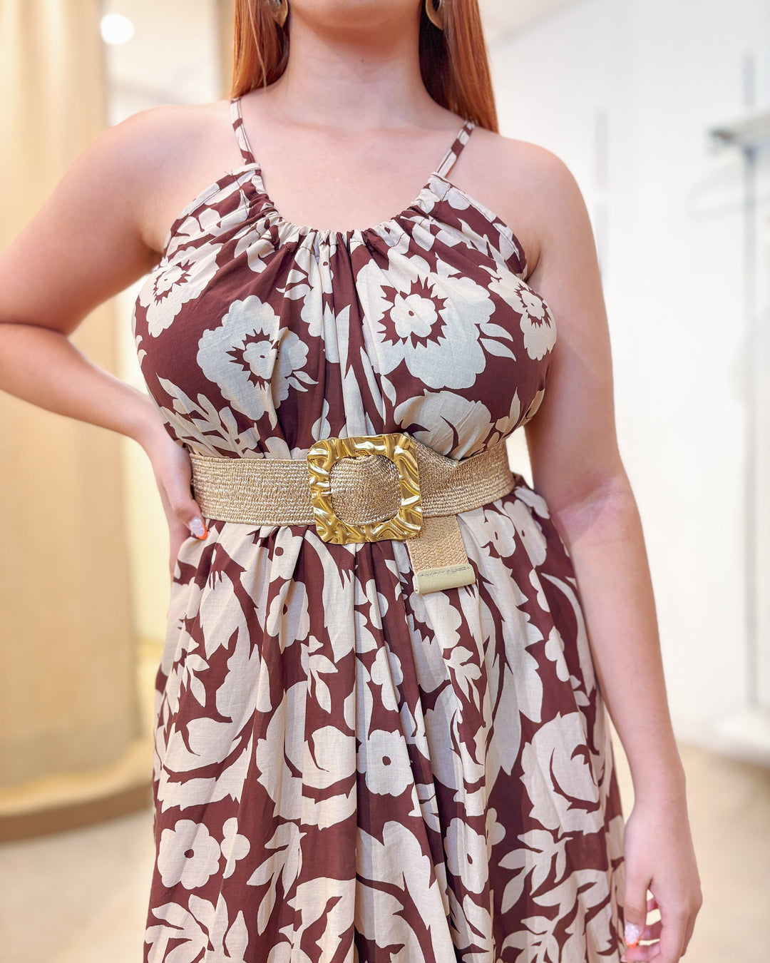 VESTIDO FLOR CAMEL